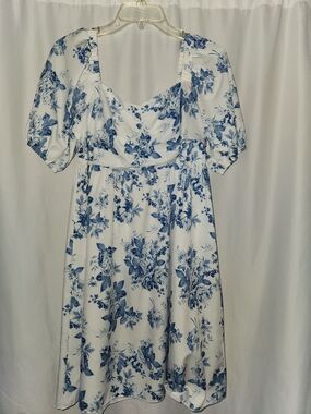 Floral Puff-Sleeve Midi Dress - White & Blue Size M #romantic #whimsical #flowy